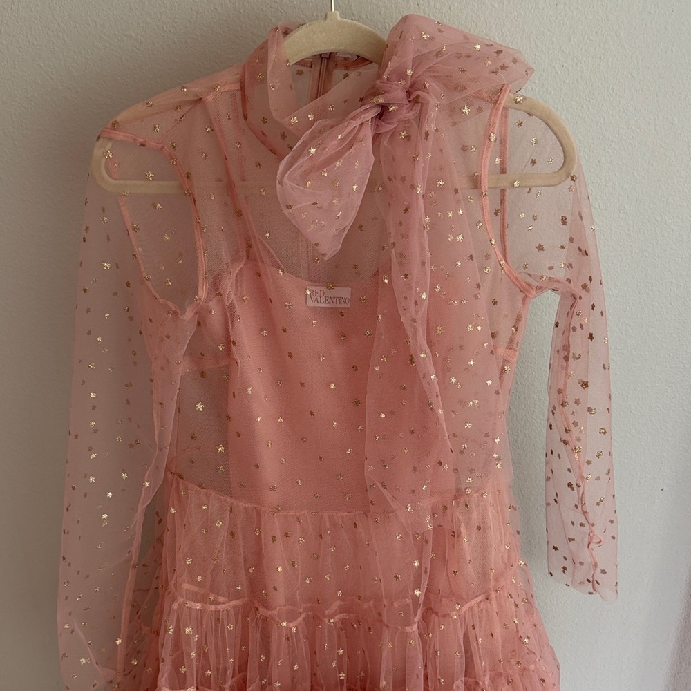 Valentino Pink Sheer Star Mesh Dress with Neck Scarf